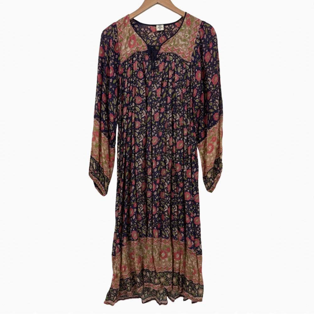 1970s Star of India Vintage Indian Cotton Kaftan Dress Floral Gauze | Medium - Picture 4 of 7